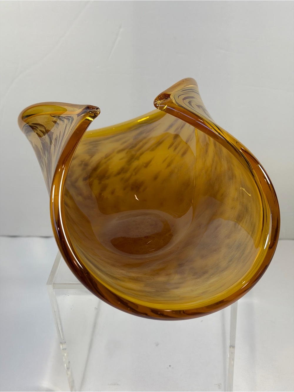 Murano White Cristal, Folded Dish/Bowl, Brown & Gold, Hand Made In Italy